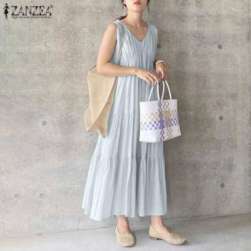 2021 ZANZEA Elegant Solid Ruffle Dress Women Summer Sundress Casual Sleeveless V Neck Beach Vestidos Female Pleated Robe Femme