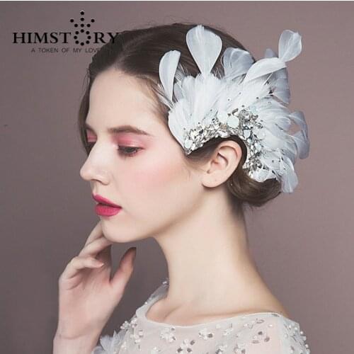 HIMSTORY European New Design white Feather Peacock Wedding Headpiece Handmade Rhinestone Bridal Hair Accessories Jewelry