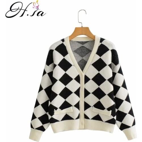 Hsa Winter Fall2021 European and American Summer Wind Womens New Black and White Diamond Plaid Cardigan Knitted Sweater 9737