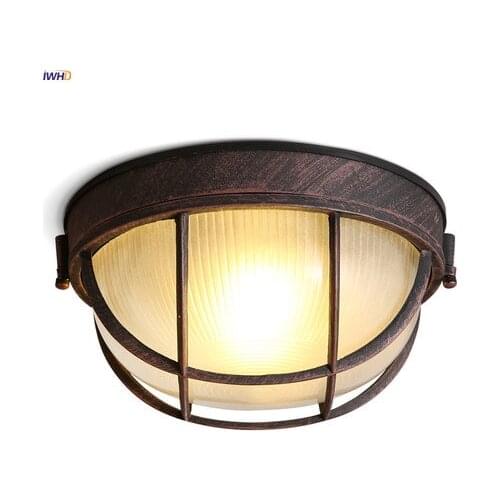 IWHD Round American Country LED Ceiling Light Fixtures Kitchen Balcony Porch Corridor Vintage Retro Ceiling Lamps Plafonnier