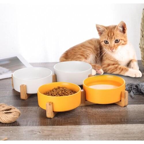 Cats Small Dogs Ceramic Cat Dog Bowl Dish with Wood Stand No Spill Pet Food Water Feeder