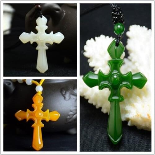 Chinese green Jade Cross Pendant Necklace Jewellery Fashion Hand-Carved Relax Healing Man Women Luck Gifts Amulet Free Rope