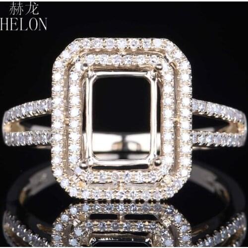 HELON Solid 10K Yellow Gold 8x6mm Emerald Cut Double Halo Natural Diamonds Engagement Ring For Women Anniversary Fine Jewelry