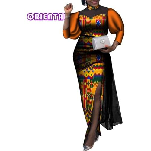 2020 Fashion African Dresses for Women Casual Puff Sleeve Split Ankara Dress African Print Women Plus Size Dress WY6697