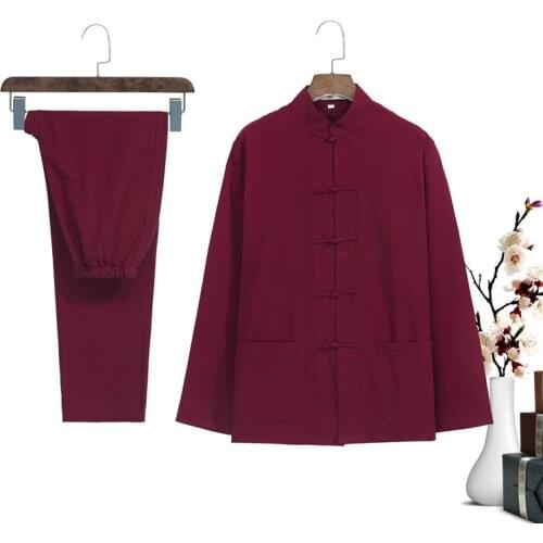 Mens Autumn Gray Kung Fu Suit New Chinese Style Wu Shu Skirt&Trousers Cotton Sets Hot Sale Tai Chi Clothing M-4XL