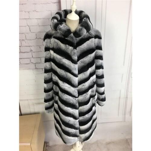 2017 New winter Chinchilla Rex Rabbit Fur Coat with hood Medium-Long Overcoat Genuine fur coat