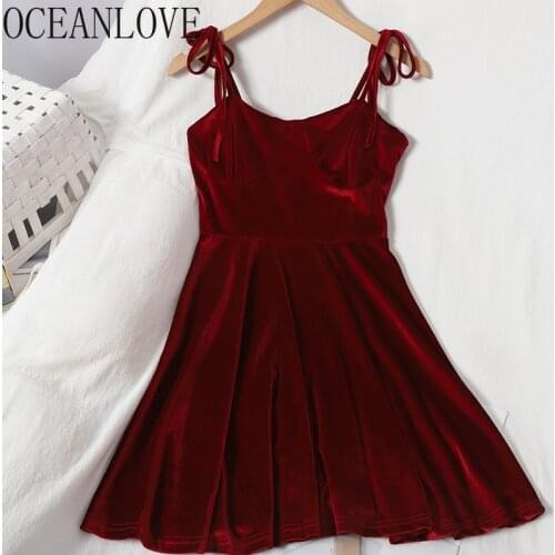 OCEANLOVE Autumn Winter Dress Solid Velvet Sweet Bandage A-line V Neck Sexy Vintage Robe Femme Korean 2021 Women Dresses