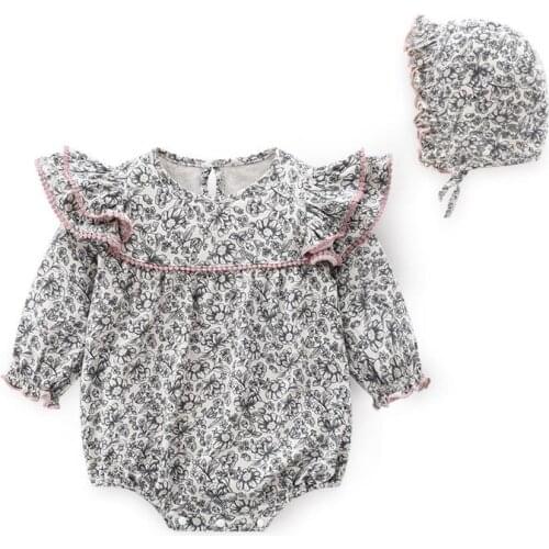 New Born Girl Clothes Spring New Casual Long Sleeve Lace Floral Print Cotton Baby Bodysuits + Hat Sets 2pcs Toddler Playsuits