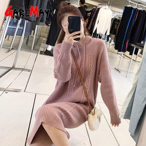 Autumn Warm Twisted hooded Knitted Dress for Women Knitting Sweater Dresses Female 2020 Winter Casual womens Sweater Dress