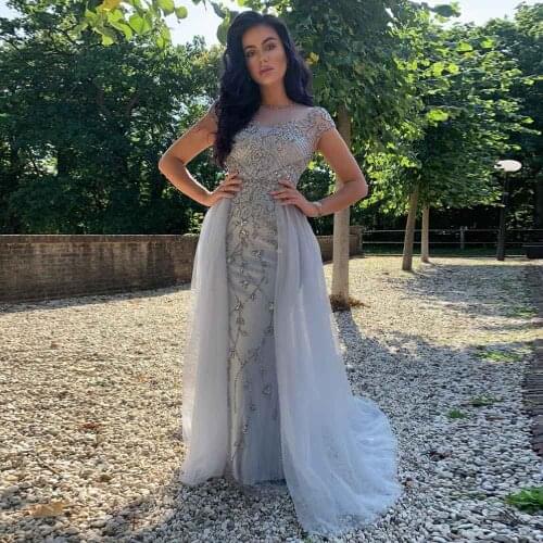 Silver Rhinestone Long Evening Dress Cap Sleeve Formal Dresses Evening Gown Tulle
