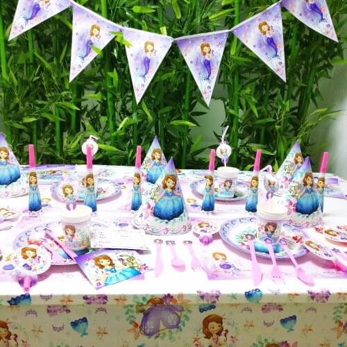 Sofia Kids Birthday Party Decoration Set Party Supplies Cup Plate Banner Hat Straw Loot Bag Fork Disposable Tableware Sofia Set