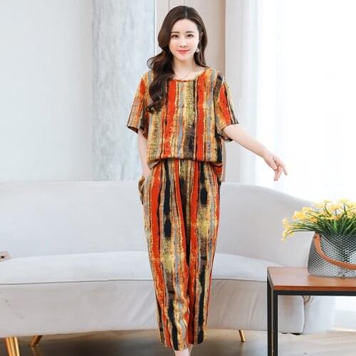 2021 Plus Size Summer Print Womans Tracksuits O-Neck Short Sleeve Ladies Outfits with Pockets Lady Elastic Waist Trouser Suits