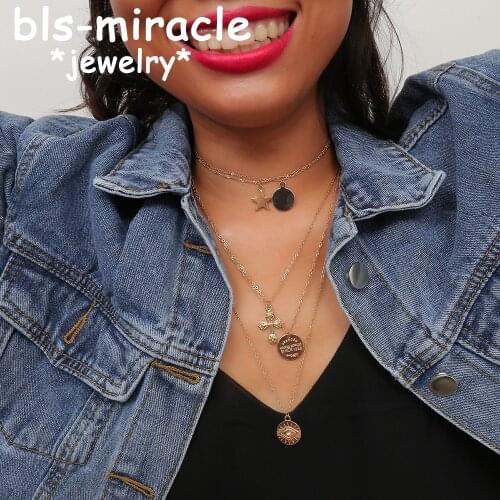 YC-UPGO Vintage Coin Cross Multilayer Pendant Necklaces Choker For Women Gift Golden Star Drop Long Chain Necklace Jewelry