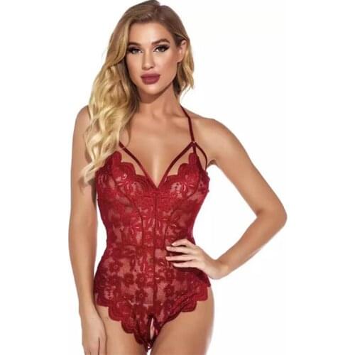 2021 Women One Piece Babydoll Romper, Halter Open Back Hollow Out Lace Nighties Crotchless Lingerie Costume