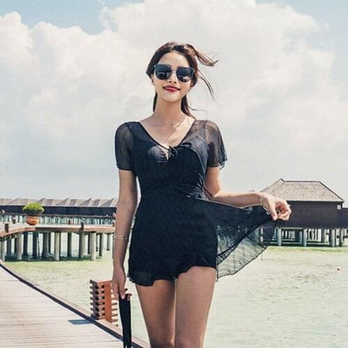 2019 Korean Women One Piece Swimsuit V-Neck Lace transparent Sexy Underwire Tummy Control Swimwear Beach Bathing Slimming Suit