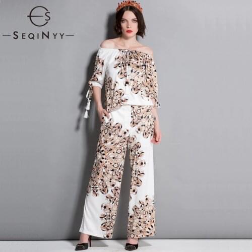 SEQINYY Loose Casual Suit Women 2018 Summer Kahki Printing Fashion Elastic Shoulder Top + Straight Trousers Womens Set