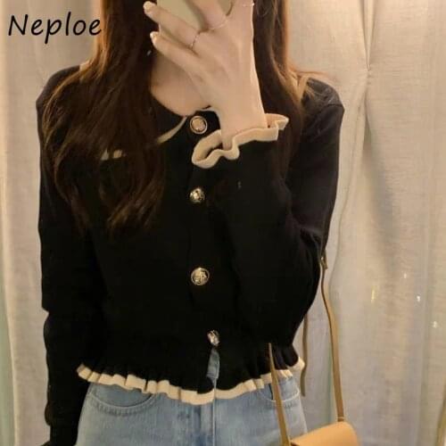 Neploe French Style Turn-down Collar Femme Cardigans Single Breasted Long Sleeve Ruched Knitted Jackets Slim Bottoming Sweater