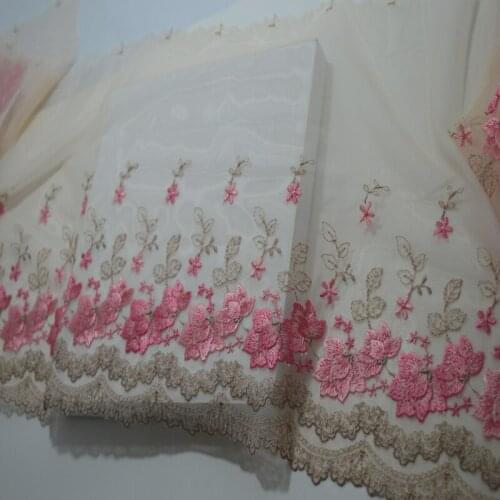 10Meters Rose Red Pink Floral Embroidery Lace Trim Mesh Tulle Fabric Ribbon For Garments Accessories Wedding Decoration