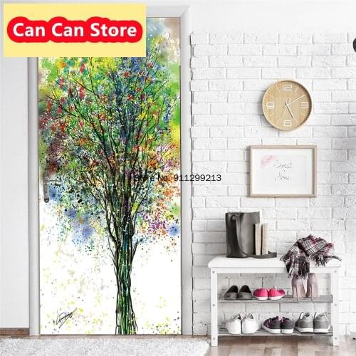 3D Green Painting Visual Extension Door Sticker Tree Deursticker Mural Autocollants de porte Living Room Home Decor Deurposter