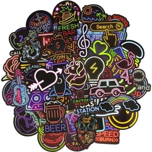 50 PCS Neon Sign Stickers Toys for Children Colorful Light Billboard Anime Decals Sticker to Laptop Suitcase Guitar Car Fridge