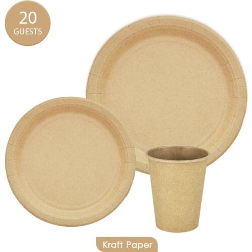 60PCS 20Guests Kraft Paper Tableware Sets Eco-Friendly Disposable Plates Cups Birthday Party Decration Supplies