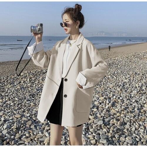 Blazer WomenS Spring 2021 Korean Loose Long Coat For Woman New Woman Suit Solid Single-Breasted Overcoat Suit Collar Set