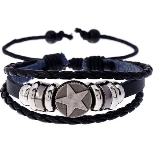 Jessingshow Mens Alloy Pentagram Accessories Leather Rope Chain Bracelets for Women Male Length Adjustable Punk Jewelry
