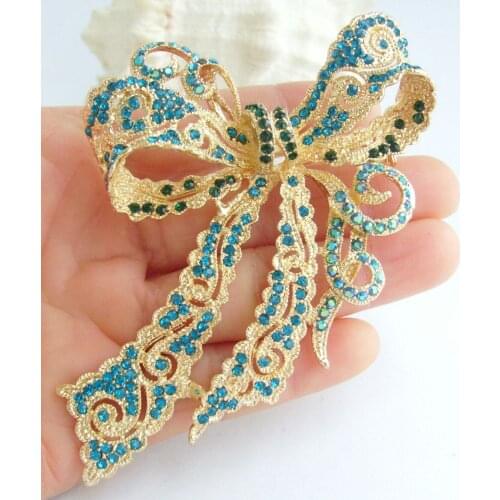 4.13" Pretty Bowknot Brooch Pin Pendant Blue Green Rhinestone Crystal EE05823C5