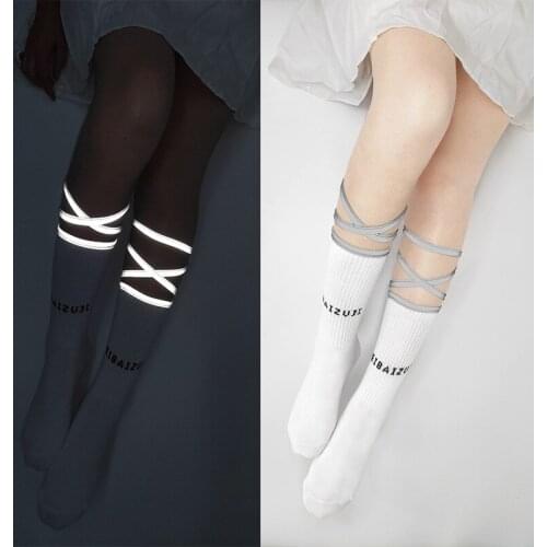 Women Stockings Black and White Reflective Streetwear Fashion Hip Hop Socks Letter Printed Bandage Knee High Stockings Man Women