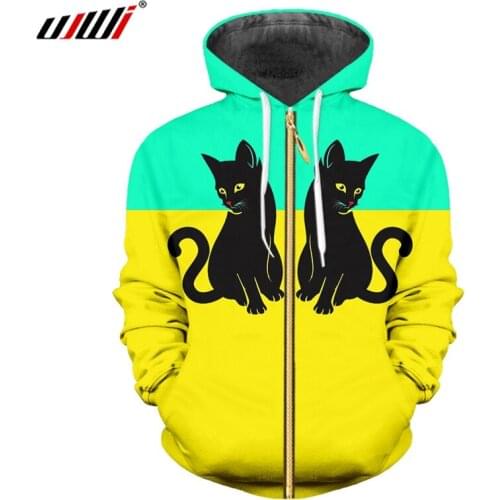 UJWI Man New Lovely Animal Coat 3D Printed Cat Best Selling Green Yellow Stitching Wholesale Personality Mens Zip Hoodies