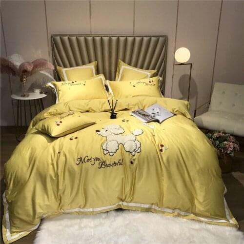 Lovely Dog 80S Egyptian cotton Embroidered Bedding sets Queen King Princess Duvet cover Bed sheet set Pillowcase 4/6pc yellow