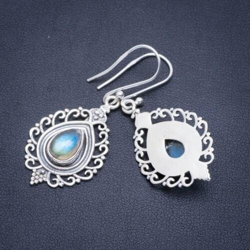 Natural Blue Fire Labradorite Handmade Unique 925 Sterling Silver Earrings 1.75" A2327