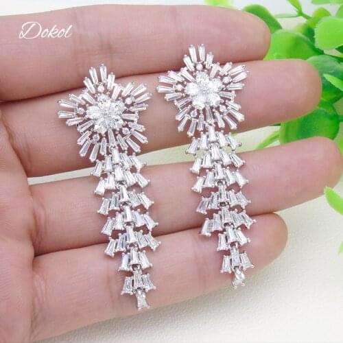 DOKOL New Arrival Cubic Zirconia Long Earrings For Bride Gorgeous Silver Color Dangle Flower Wedding Accessories DKE0067
