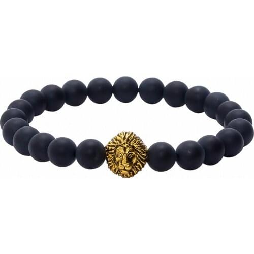 New Men Charm Bracelets Black Matte Stones Bead Copper Lion Charm Bracelets Men Accessories Jewelry Gift Pulseras BR143