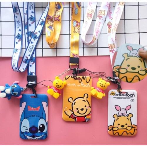 New Disney Winnie The Pooh Stitch Anime Figure Card Holder Cute Lanyard KeyChain Student Campus Card Hanging Neck Bag ID Holders