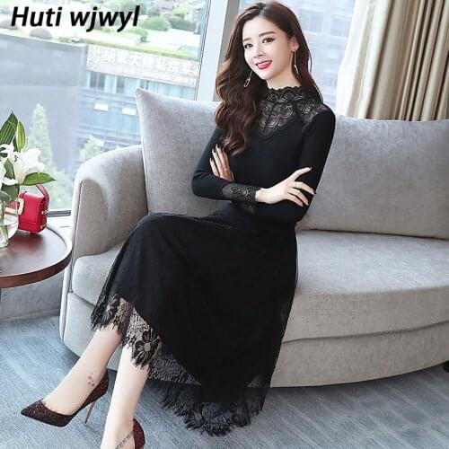 2021 Autumn Winter Knitting Cotton Vintage Vestidos Plus Size Women Bodycon Casual Black Velvet Dress Party Sexy Lace Midi Dress