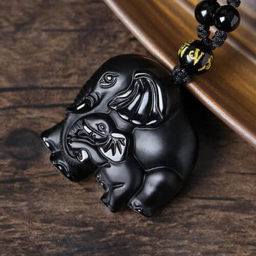 Natural Black Obsidian Elephant Pendant Beads Necklace Charm Jewellery Fashion Accessories Hand-Carved Baby Lucky Amulet Gifts