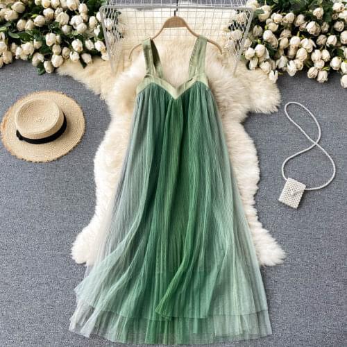 Trendy Summer Dress 2021 New Female Design Gradient Color Mesh Pleated Slim-Fit Suspender Dress Sleeveless Korean Clothes zh1188