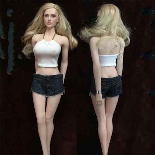 1/6 Scale Sexy White Low-cut Sling Vest Denim Jeans Shorts Fit 12 inch Female Action Figure Body Model