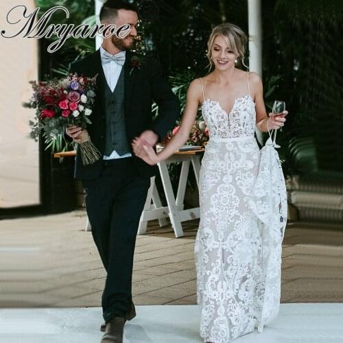 Mryarce Luxury Exquisite Lace Mermaid Wedding Dress Spaghetti Straps Open Back Bridal Gowns