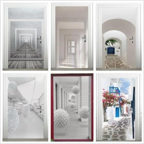 Self Adhesive Door Sticker White Gray Space Wallpaper 3D Nordic Style Living Room Bedroom Door Art Mural Sticker Wall Decals