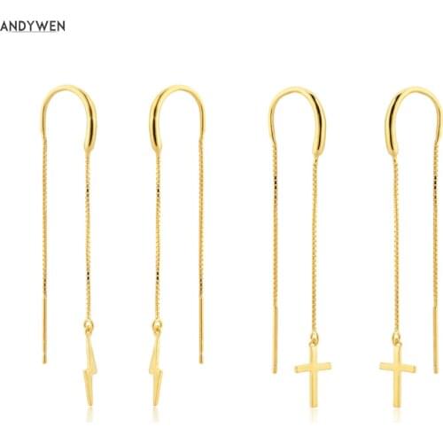 ANDYWEN 925 Sterling Silver Gold Chain Lighting Cross Thread Earring Pendientes Largos Cruz Rayo Long Spike Piercing Jewelry