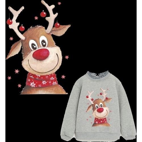 Cute Christmas Deer Iron on Transfer Patches Heat Transfer Ironing Sticker for DIY Clothes T-shirt Super Washable for Kids Decor