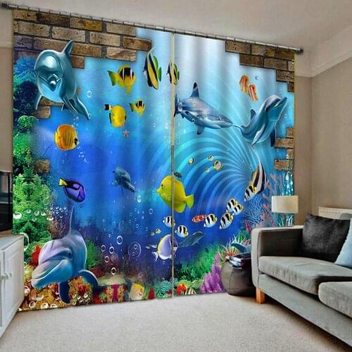 Blue ocean underwater curtains 3D Curtain Luxury Blackout Window Curtain Living Room dolphin stereoscopic curtains