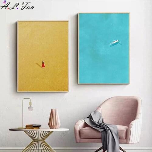 Nordic Alone Girl Swimming Golden Wheat Field Illustration Series Canvas Painting Wall Art Print Poster Living Room Home Decor