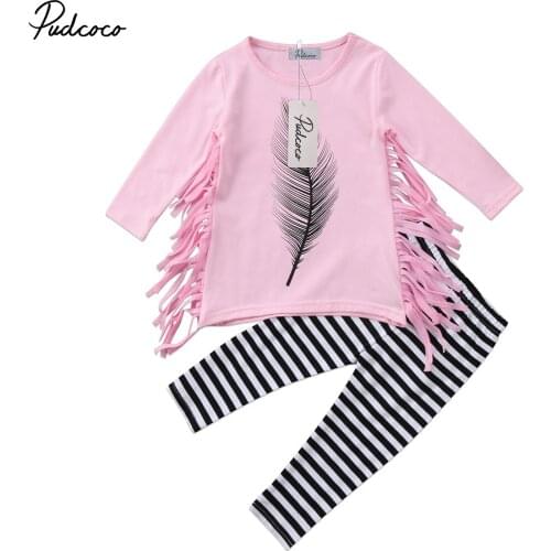 Citgeett Toddler Kids Baby Girls Tassel Fur Feather Top Pink Long Sleeves Striped Pants Leggings Outfits Set Casual Clothing
