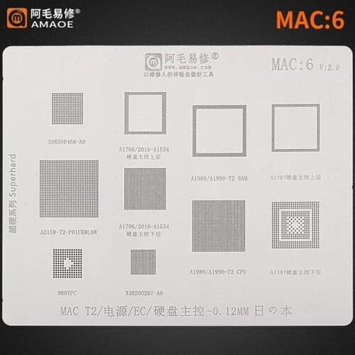 AMAOE BGA Stencil Reballing MAC6 980YFC 338S00466-A0 338S00267-A0 For Macbook A1989 T2 Power CPU IC Pin Solder Heat Template