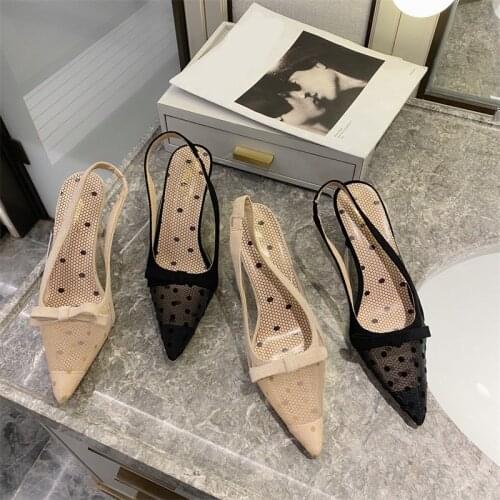 Bow Shoes Beige Heeled Sandals 2021 Summer Black Stiletto Clear Closed Pointed High Girls Elastic Band Comfort Open New Scandal