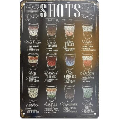 Shots Menu Retro Distressed Metal Tin Sign Posters Wall Decor 12X8-Inch