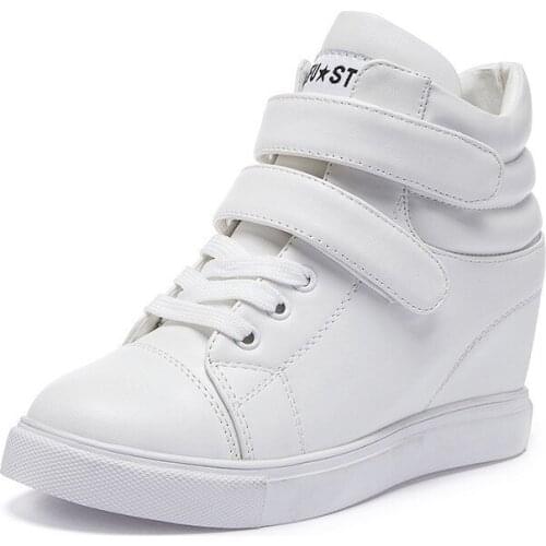 Fujin 2021 INS high quality leather women wedge sneakers shoes magic tape platform dad shoes chunky increased heel sneakers